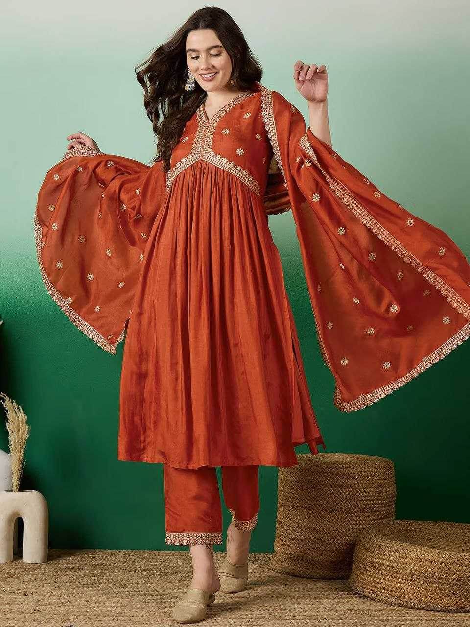 Muslin Silk Embroidery Gowns Anarkali Long Gowns - MYLUXURY LANE ENTERPRISE